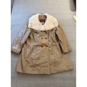 24K LEATHER Vintage Women's‎ Beige Fur Collar Coat Jacket Vintage Retro Style